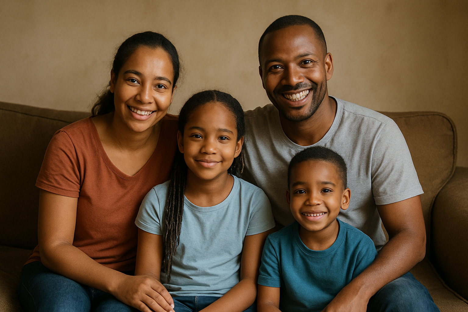 USA, 2 young boys, one in a blue shirt and the other a green shirt, smile as they hug.